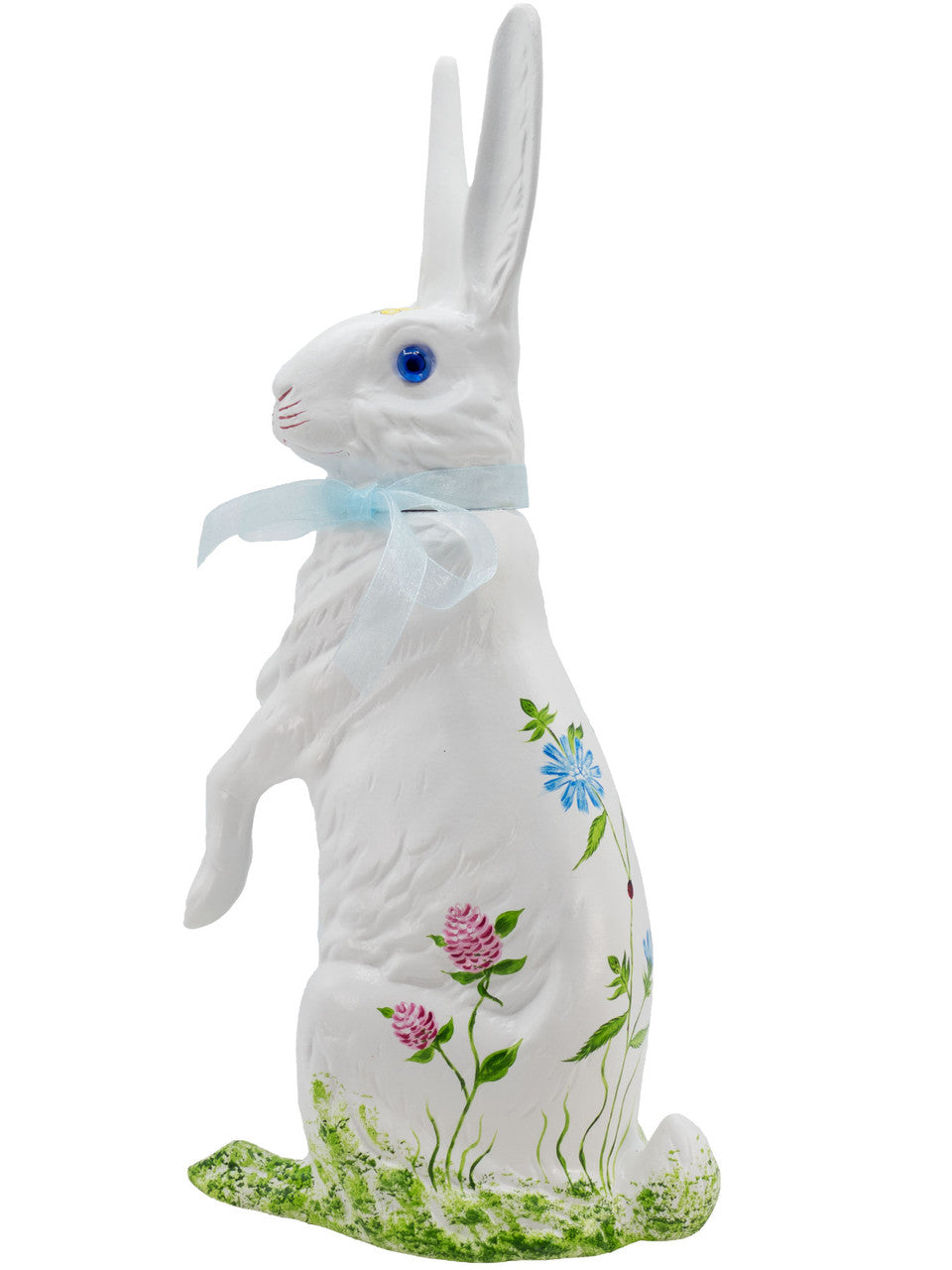 White Bunny Sitting with Bow, Candy Box - Hand Painted Flower Decorations - Ino Schaller