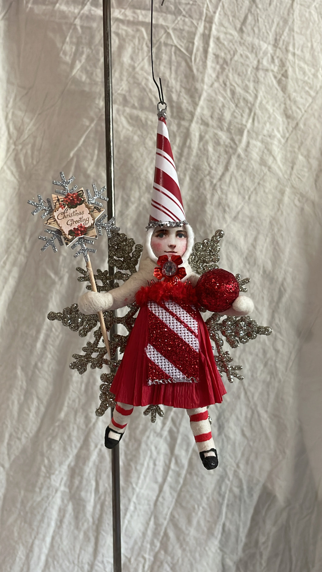 Candy Cane Striped Princess On Snowflake Ornament - Vintage by Crystal