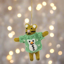 Load image into Gallery viewer, Cat with Snowman Sweater Ornament
