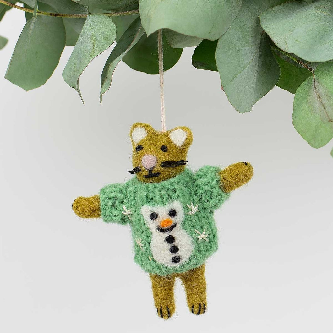 Cat with Snowman Sweater Ornament