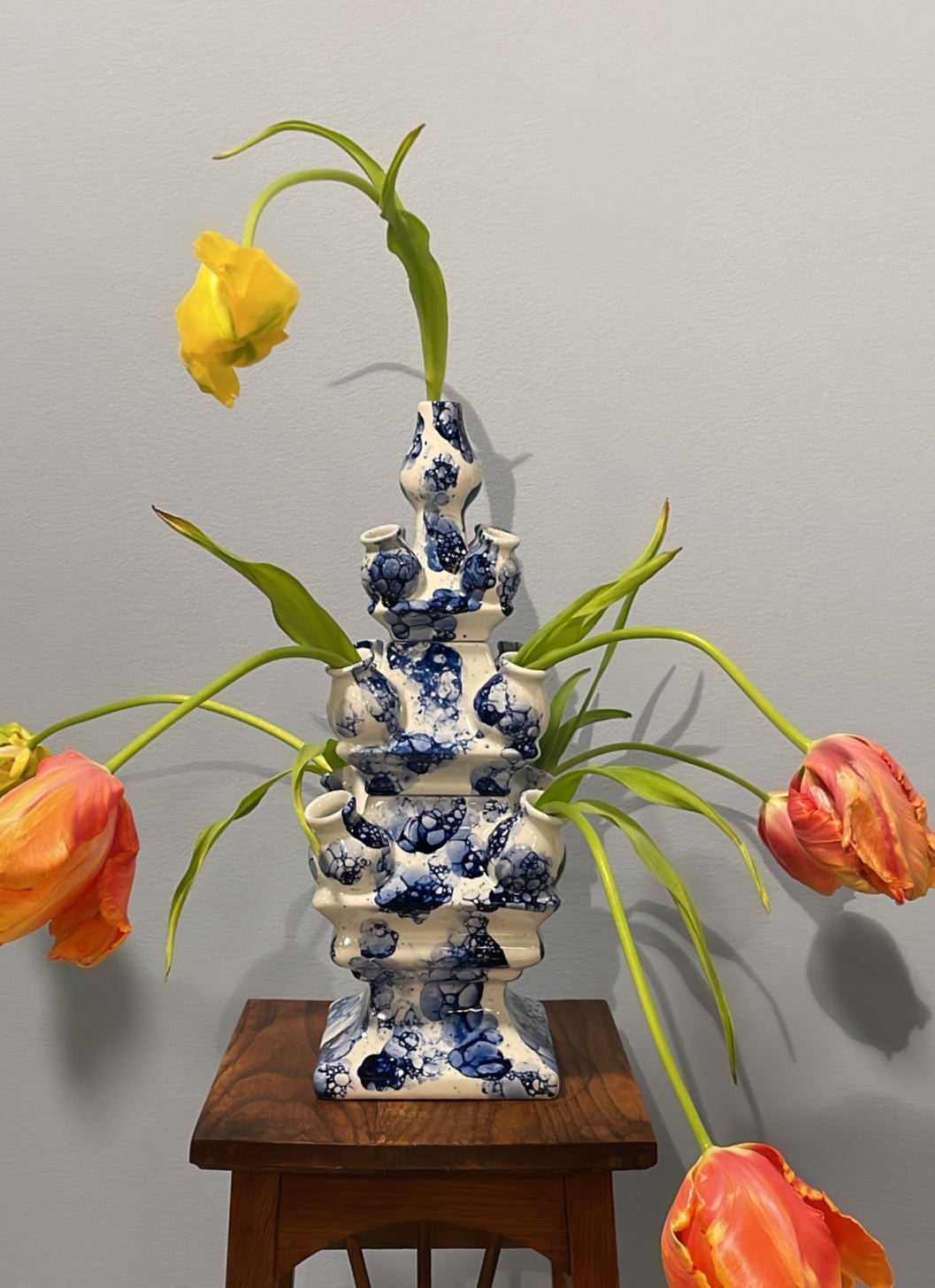 Hand Painted Bubble Three Tier Tulip Vase in Blue