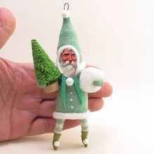 Load image into Gallery viewer, Green Santa W/ Bottle Brush Tree Ornament - Vintage Inspired Spun Cotton - Bon Ton goods
