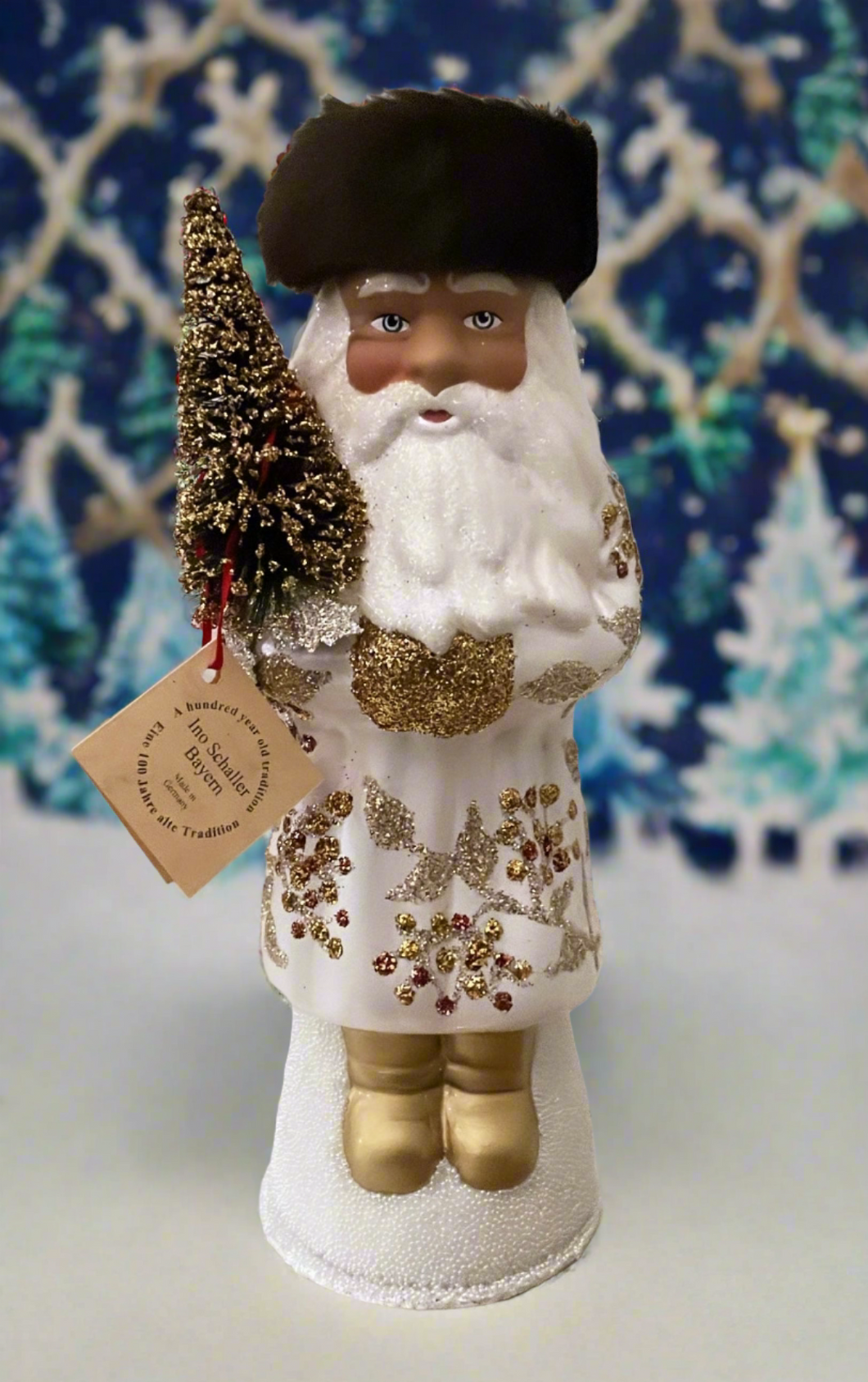 Santa no. 12 - White with Fur Hat and Beaded Holly Motif - Ino Schaller