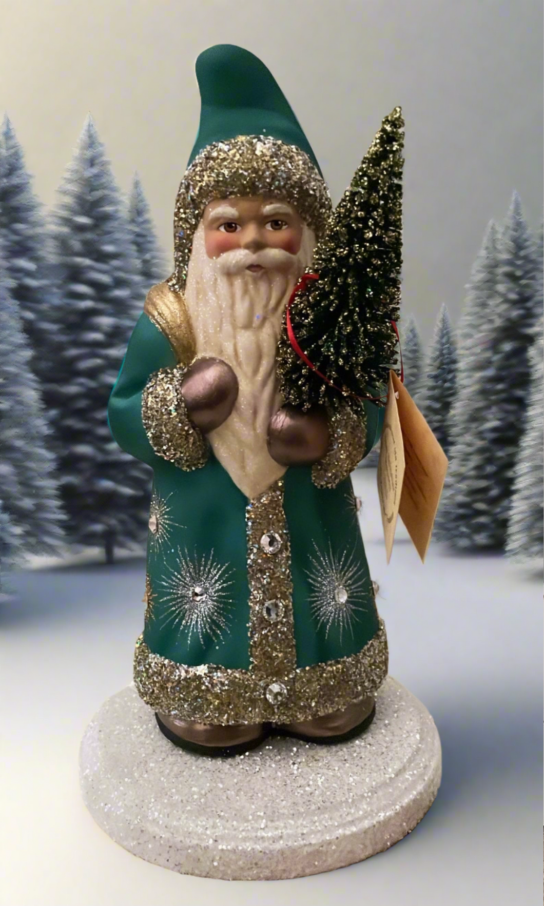 Santa no. 13 - Teal Painted Coat with Brilliant Gold Beaded Trim and Hand Painted Starburst Motif- Ino Schaller