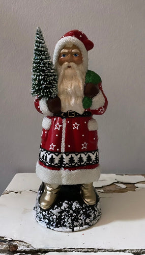 Santa Traditional Red with White Beaded Trim, Green Sack and Hand Painted Coat - Ino Schaller - Bon Ton goods