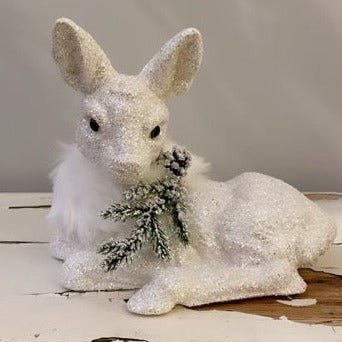 White Glitter Deer Lying with Decoration - Bon Ton goods