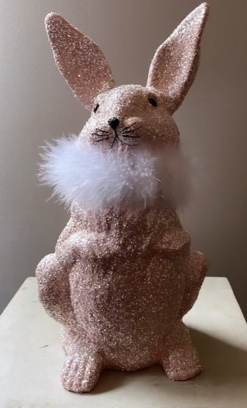 Off White Glitter with Boa Large Upright Bunny - Ino Schaller